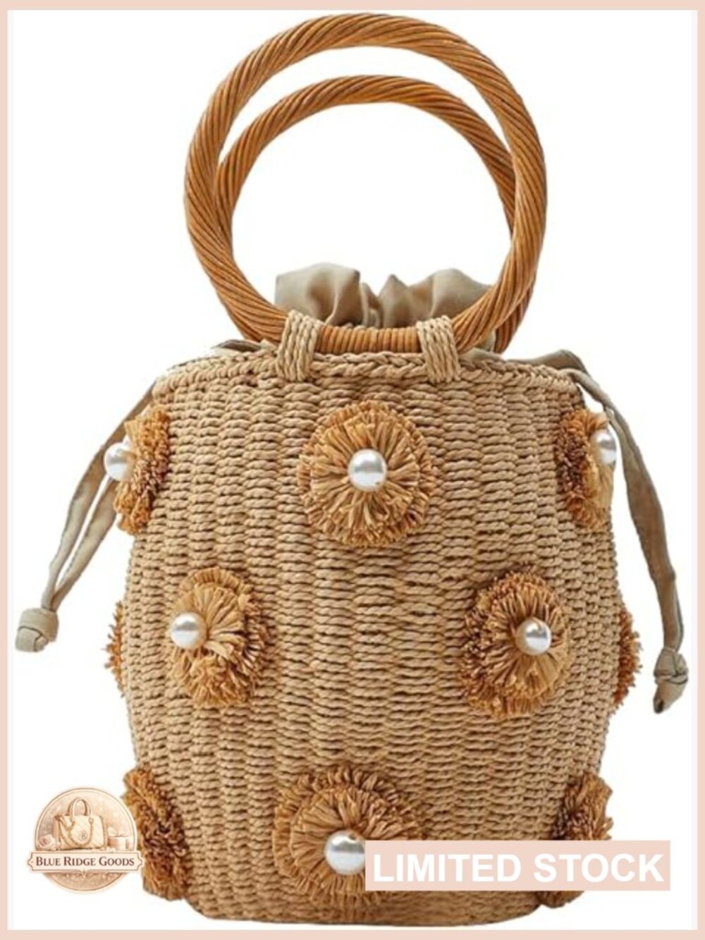 Woven Straw Bucket Bag Drawstring Tote Summer Beach Handbag Pearl Flower - Picture 1 of 7